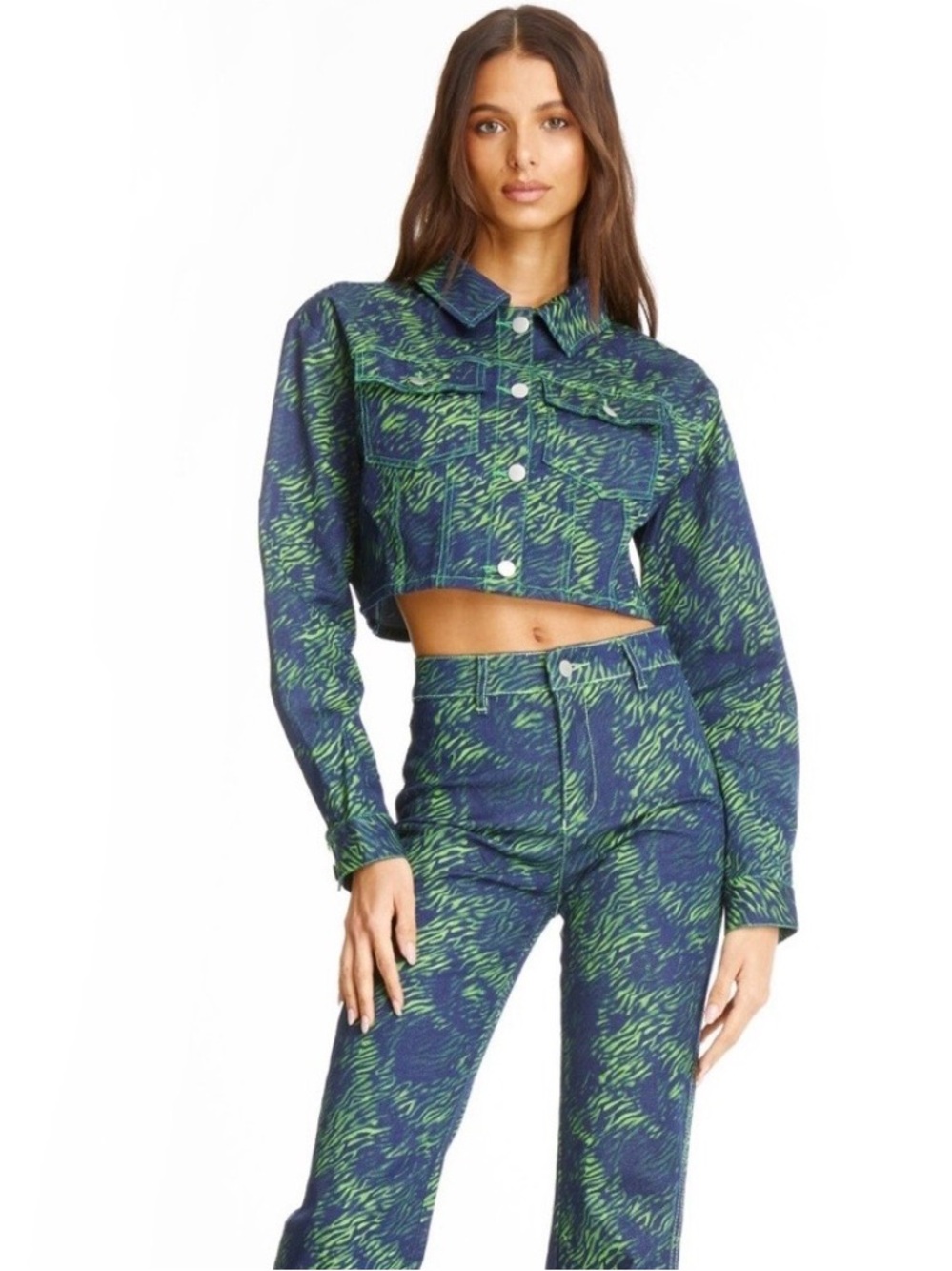 Flattering Navy & Green Denim Jean Jacket & Jeans ( Two Piece) LIKE NEW DEAL!